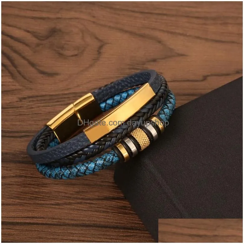 Chain Stainless Steel Bracelet For Men Mtilayer Handmade Braided Leather Magnetic Buckle Bracelets Bangle Cuff Wristband Fashion Jewe Dhbmt