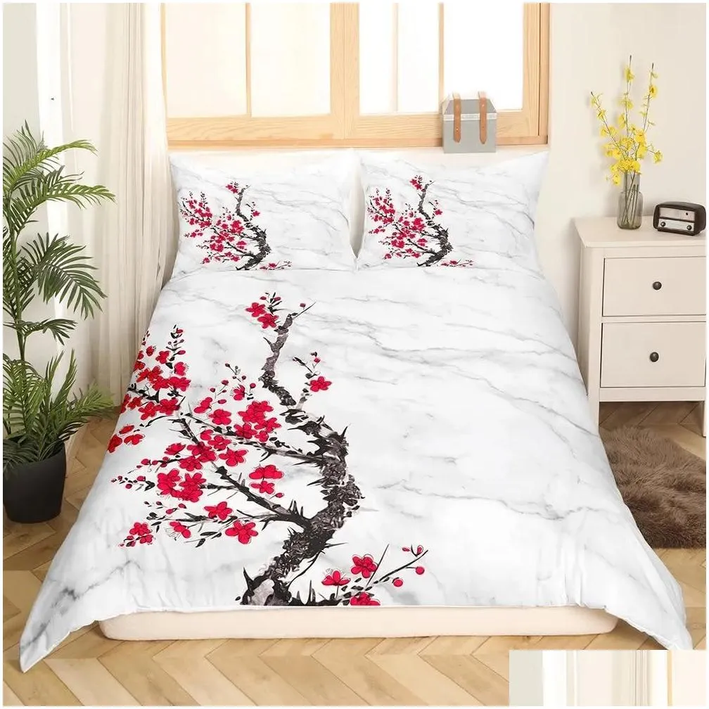 Bedding Sets Cherry Blossoms Duvet Er Kingqueen Size Japanese Sakura Tree Pink Floral Spring Vintage Ctural Set For Drop Delivery Dhkji