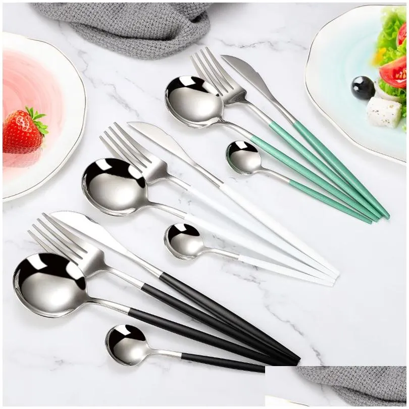 Dinnerware Sets Black Gold Dinnerware Set Stainless Steel Knife Fork Spoon Cutlery Tableware Sierware Drop 201128 Drop Delivery Home G Dhqsw