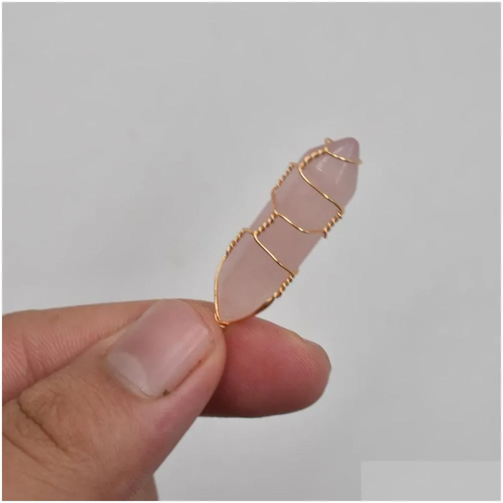 Charms Wire Wrap Natural Stone Rose Quartz Shape Charms Point Chakra Pendants For Jewelry Making Wholesale Handmade Drop Delivery Jewe Dhjpl