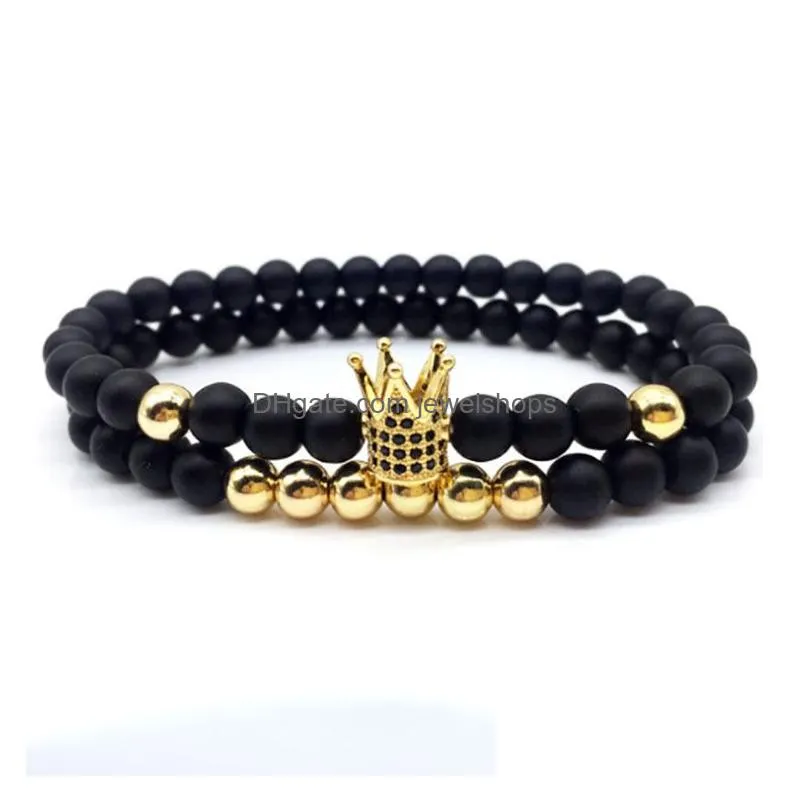Beaded 6Mm Crown King Charm Strands Beads Bracelet Set For Men Women Black Natural Stone Elastic Adjustable Bangle Couple Jewelry Gif Dhvsp