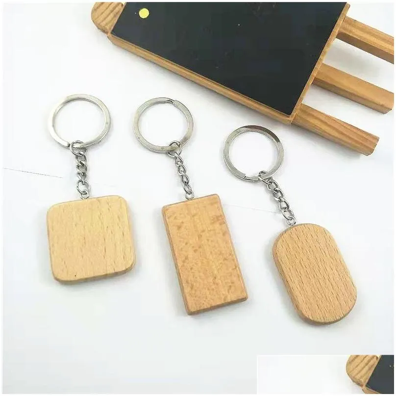 Key Rings Diy Blank Wooden Key Chain Ring Holder Fashion Wood Round Heart Pendant Keychain Personalized Engraved Name Charms Keyrings Dhdev