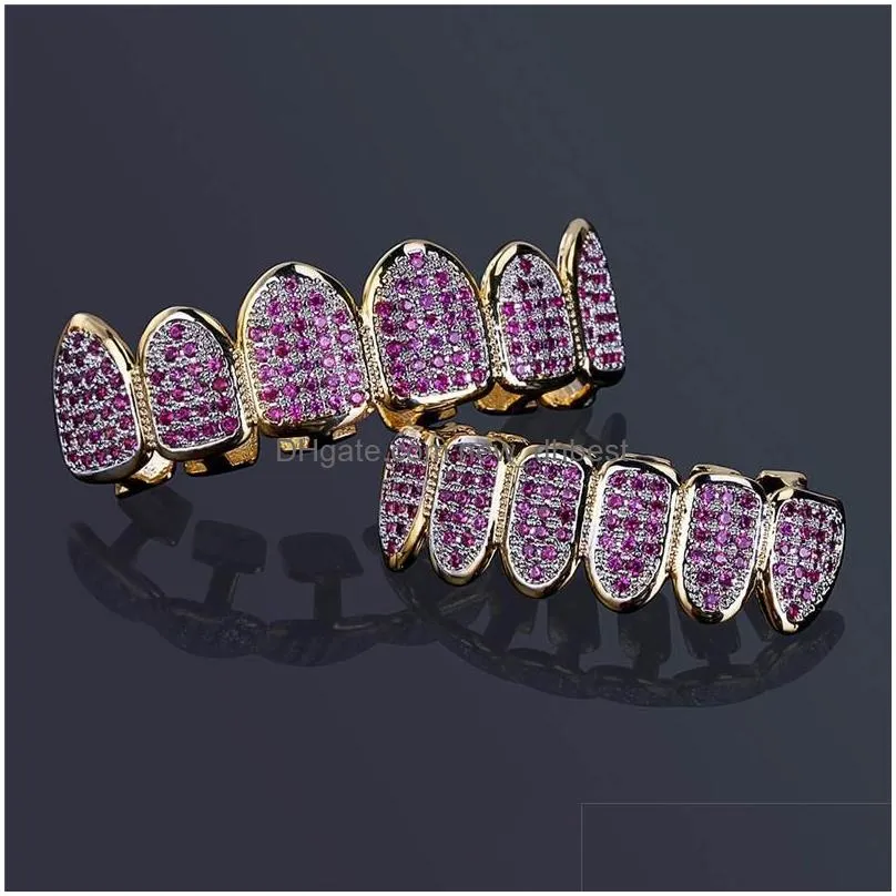 Grillz, Dental Grills Luxury Bling Pink Zircon Dental Grills Punk Steet Fashion Men Women Teeth Grillz 2-Pieces 1 Set Hip Hop For Rap Dhi9H