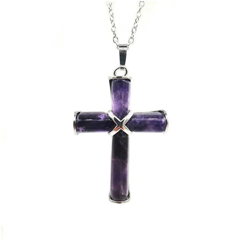 Pendant Necklaces Jln Stone Cross Pendant Amethyst Rose Quartz Gemstone Charm With Stainless Steel Chain Necklace Relin Jewelry For Me Dhvwx