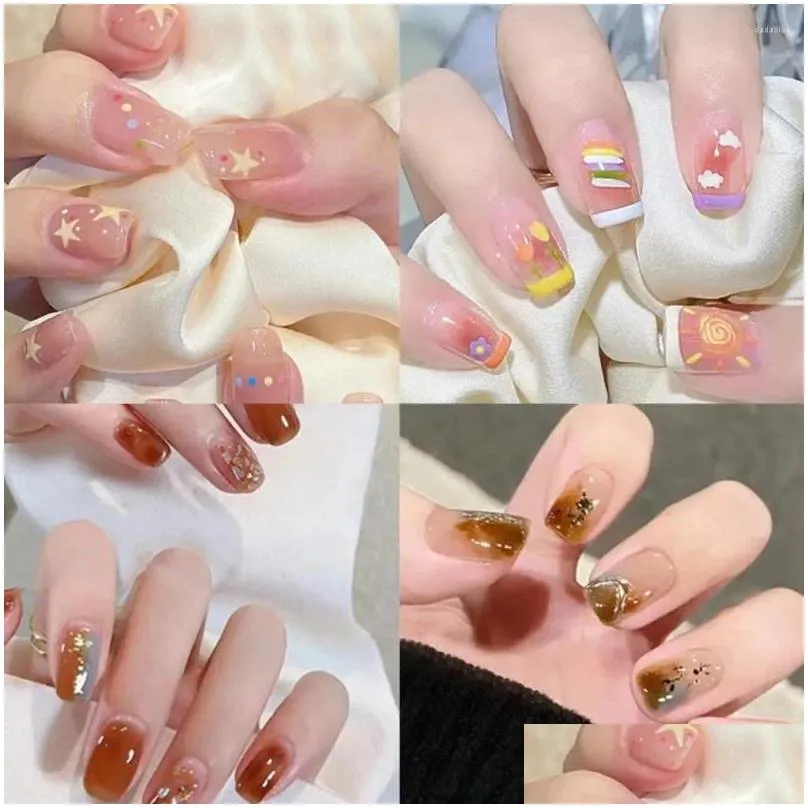 False Nails 24Pcs Diy Semi Cured Gel Nail Stickers Long-Lasting Solid Color Strips Slider Sticker Fl Er Decal Manicure Drop Delivery Dhblj