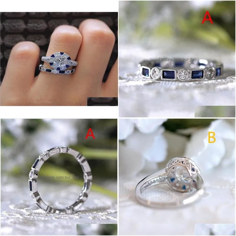 couple rings vintage fashion jewelry 925 sterling silver cushion shape blue sapphire cz diamond gemstones women wedding bridal