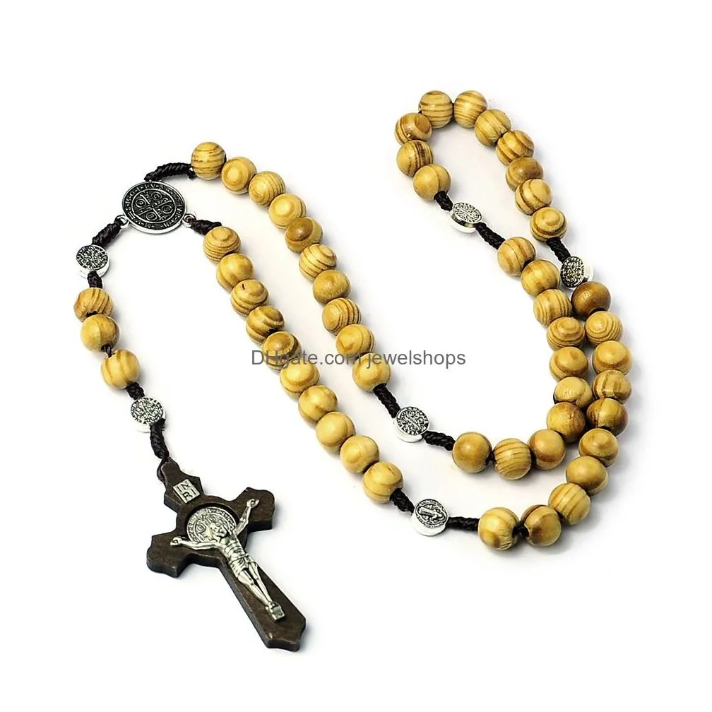 Pendant Necklaces 10Mm Wood Beads Rosary Cross Necklace For Women Men Christian Virgin Mary Inri Pendant Chain Fashion Relin Jewelry D Dhya4