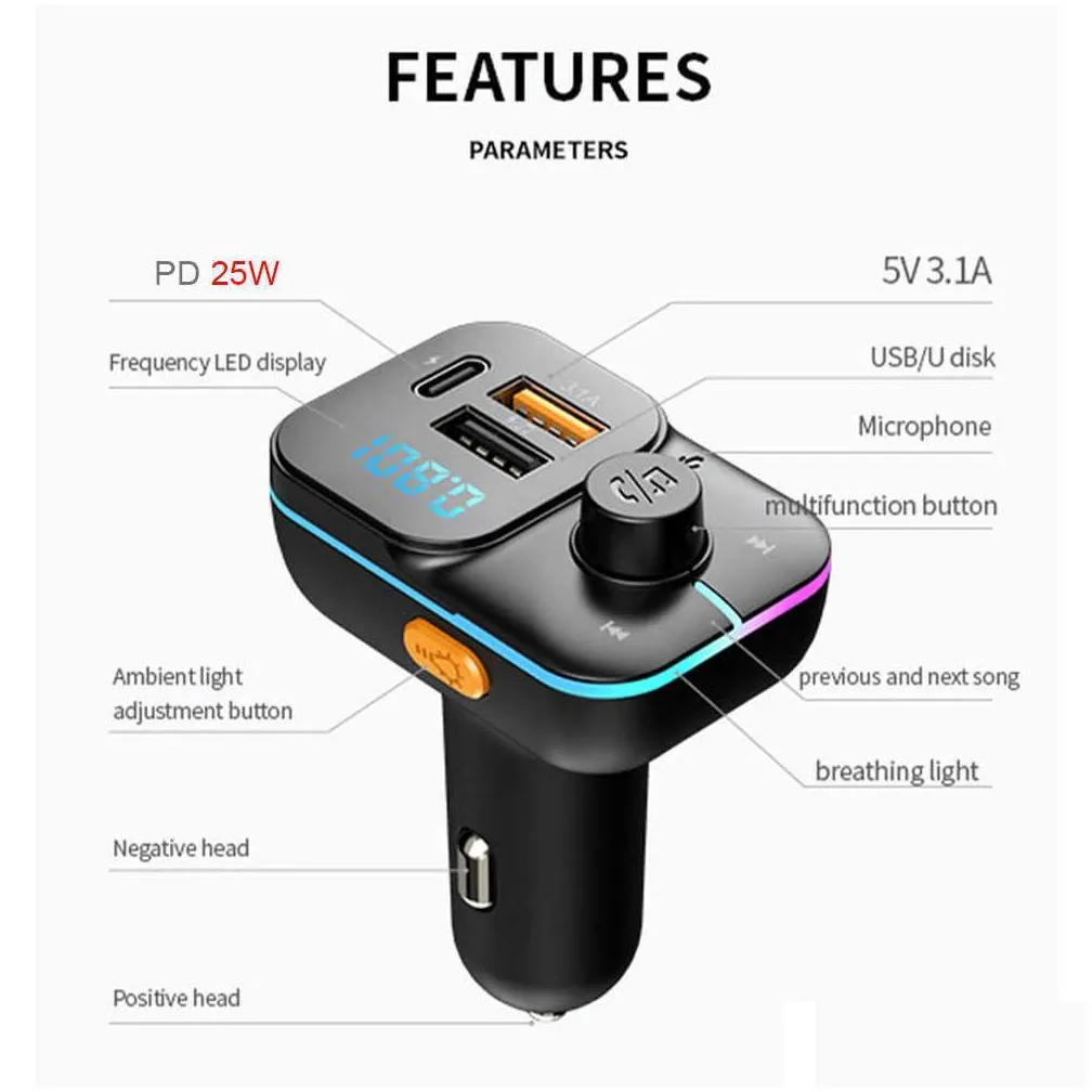 Car Bluetooth Kit New Dual Usb  Fm Transmitter Bluetooth Adapter Pd 25W Quick Hands Stereo Mp3 Music Player Colorf Lights Drop Dhbws