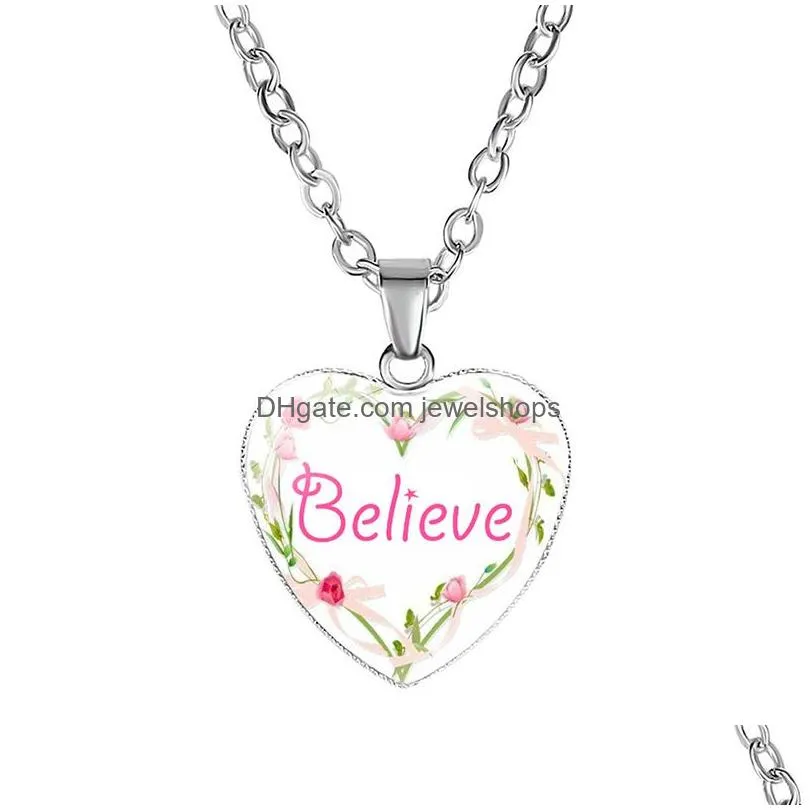 Pendant Necklaces New Inspirational Heart Shape Necklaces For Women Love Hope Dream Believe Faith Letter Glass Pendant Chains Fashion Dhydt