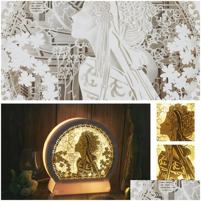 Night Lights 3D Paper Scptures Night Light Peking Opera Creative Shadow Painting Lights Abs Frame Papercut Boxes Led Lamp Drop Deliver Dhcod