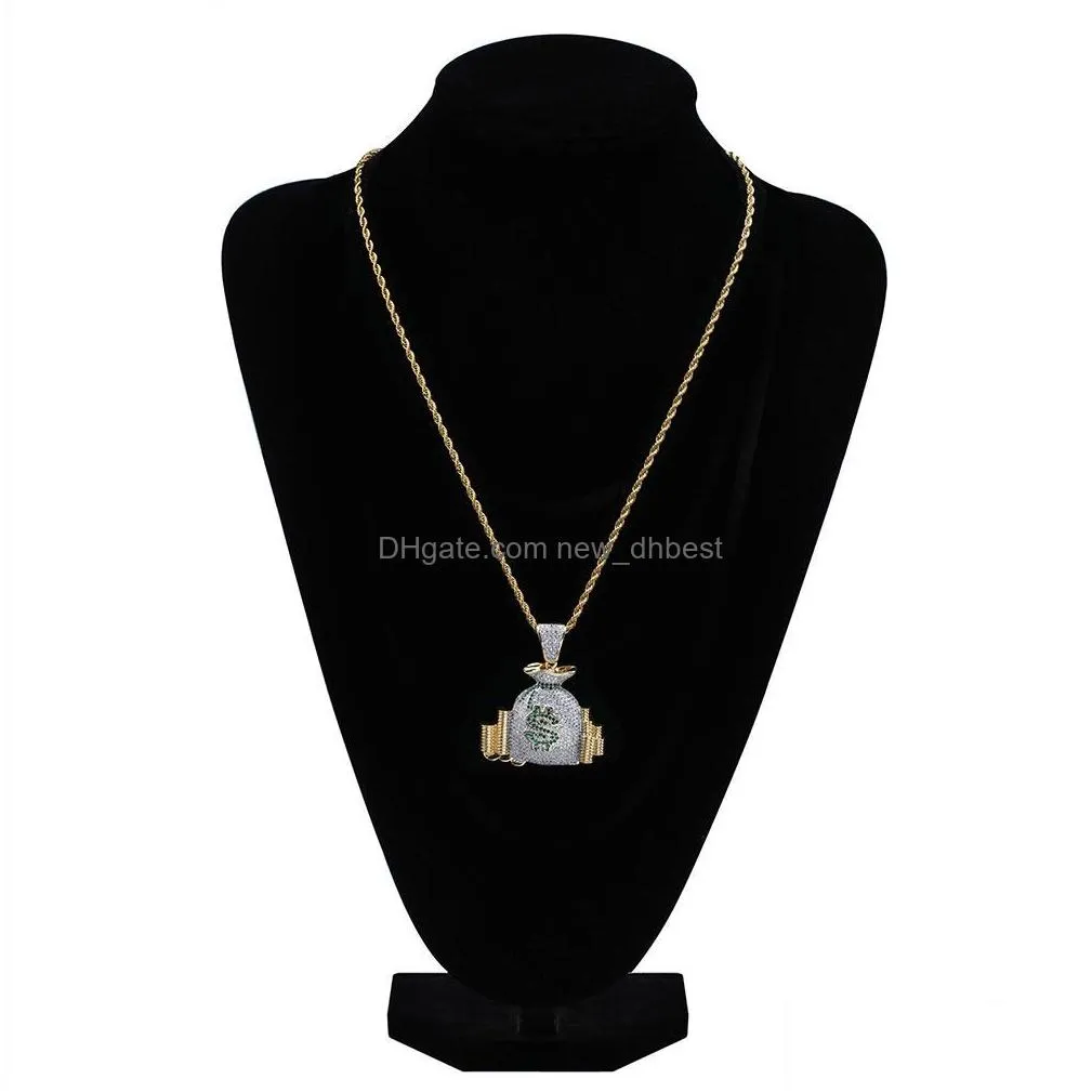 Pendant Necklaces New Cz Money Bag Pendant Necklace Gold Color Plated Micro Paved Cubic Zirconia Punk Jewelry For Men Drop Delivery Je Dhc5W