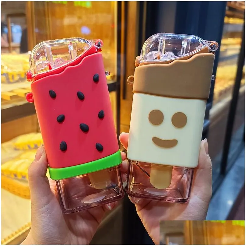 Water Bottles New Summer Cute Donut Ice Cream Water Bottle With St Creative Square Watermelon Cup Portable Leakproof Tritan Bpa Drop D Dhu0E