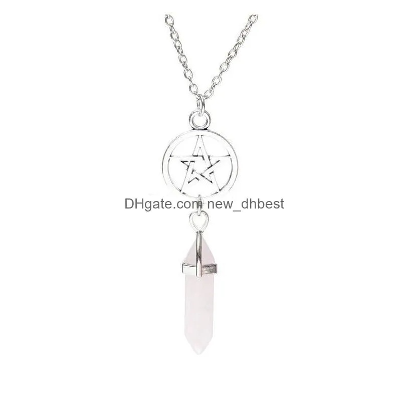 Pendant Necklaces Pentacle Natural Stone Pendant Necklace Jewelry Hexagon Prism Star Point Healing Crystal Amethyst Rose Quartz Chakra Dhmlz