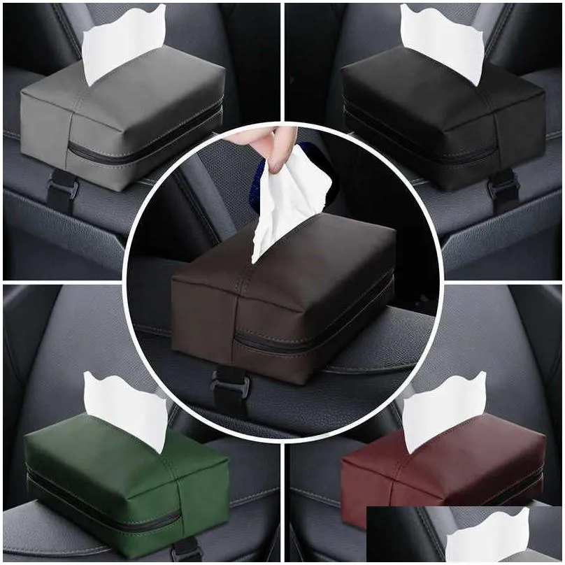 Car Organizer New Car Tissue Box Holder Nappa Leather Center Console Armrest Napkin Sun Visor Backseat Case With Fix Drop Delivery Aut Dhp87