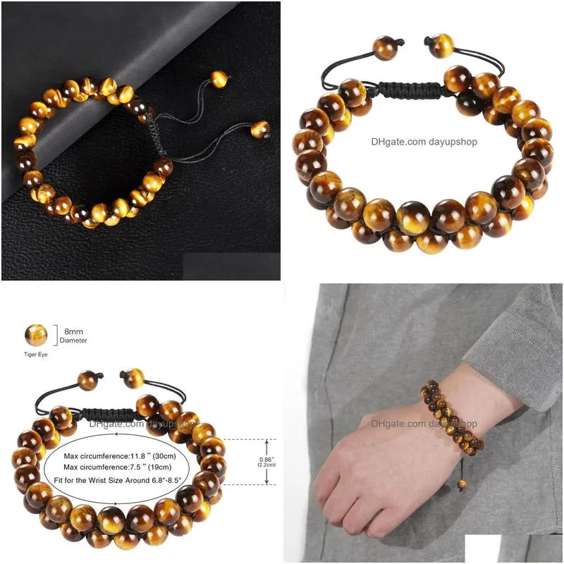 Chain 8Mm Double Layer Tiger Eye Bracelet Natural Stone Row Woven Adjustable Bracelets Wristband Bangle Cuff Women And Men Jewelry Dr Dhjwb