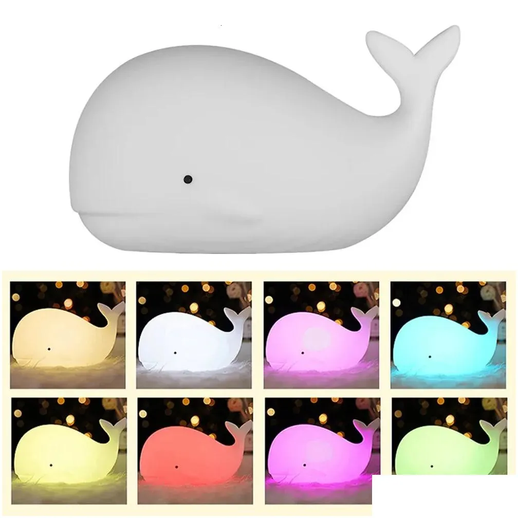 Lamps&Shades Lamps Shades Led Nightlights Cartoon Whale Sile Light Rechargeable Rgb Atmosphere Lamp Bedroom Bedside Decor For Kids Bab Dhgr9