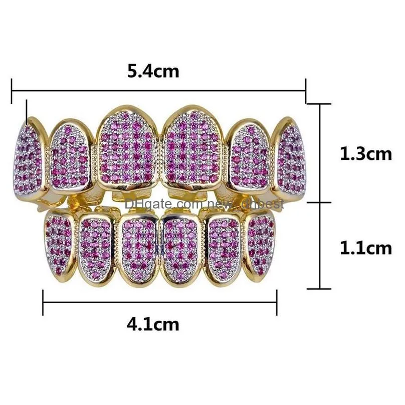 Grillz, Dental Grills Luxury Bling Pink Zircon Dental Grills Punk Steet Fashion Men Women Teeth Grillz 2-Pieces 1 Set Hip Hop For Rap Dhi9H