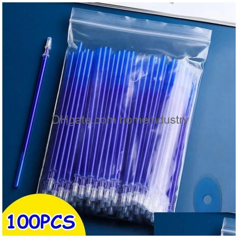 Gel Pens Wholesale 100 Pcslot 05Mm Gel Pen Erasable Refill Rod Set High Capacity Blue Black Ink Shool Washable Handle Pens Writing Sta Dhxti