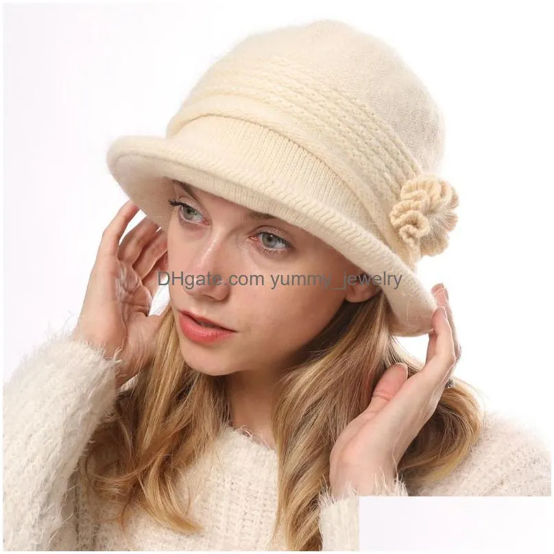 Stingy Brim Hats Knitted Top Hat For Women Flower Winter Thickened Warm Caps Brim Hats Beanie Bucket Fashion Drop Delivery Fashion Acc Dh6Zd