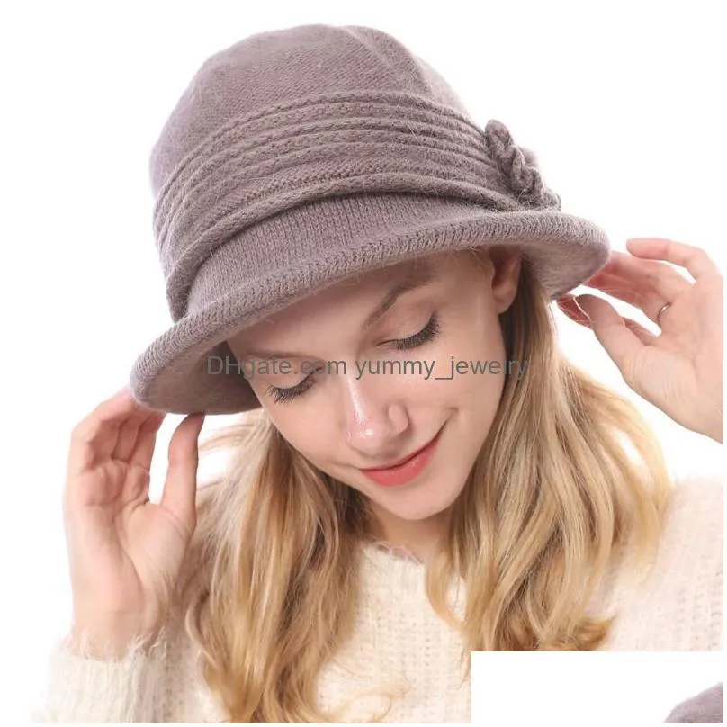 Stingy Brim Hats Knitted Top Hat For Women Flower Winter Thickened Warm Caps Brim Hats Beanie Bucket Fashion Drop Delivery Fashion Acc Dh6Zd
