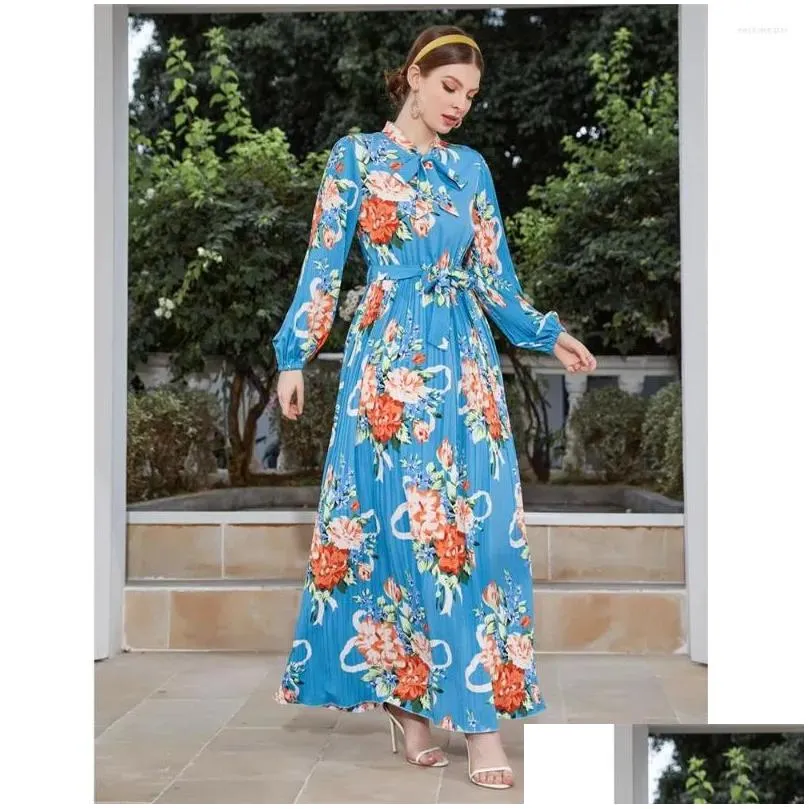 Ethnic Clothing Women Floral Print Long Sleeve Maxi Dress Tie Pleated Belted Dresses Spring Summer Holiday Party Gown Kaftan Muslim D Dhxj4