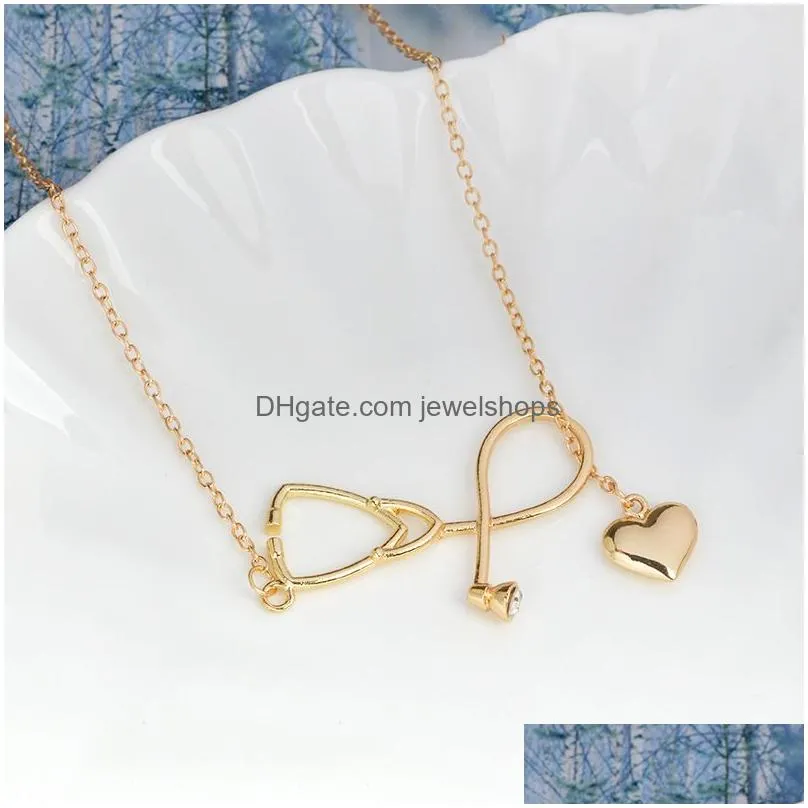 Pendant Necklaces Fashion Simple Heart Stethoscope Necklaces For Women Doctor Nurse Medical Pendant Gold Sier Chain Jewelry Gift Drop Dhpix