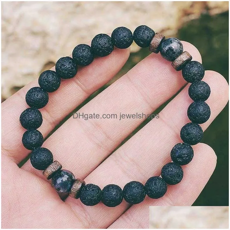 Beaded 8Mm Black Lava Rock Beaded Bracelets Mens Wood Beads Charms Natural Stone Bangle For Women Fashion Craft Jewelry Drop Delivery Dhzqr