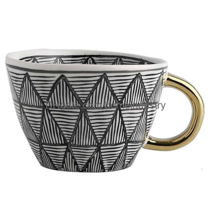 Mugs Hand Painted Geometric Ceramic With Gold Handle Handmade Irregar Cups For Coffee Tea Milk Oatmeal Creative Birthday Drop Deliver Dh0X2