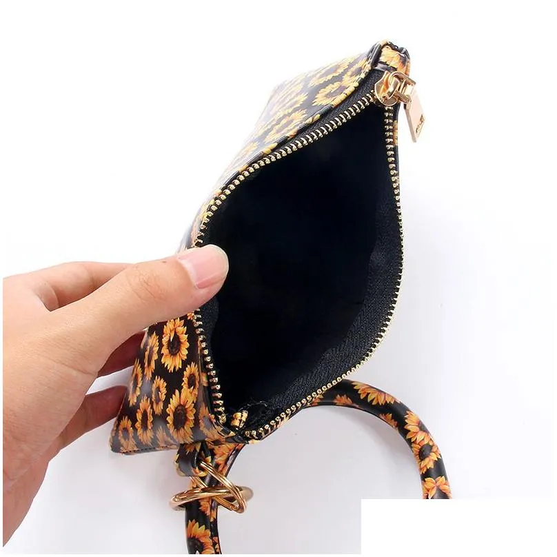 Key Rings Pu Bracelet Keychains Leather Wrist Key Chain Ring Holder Leopard Flamingo Flower Bracelets Pendant Purse Lady Clutch Bag H Dhja1