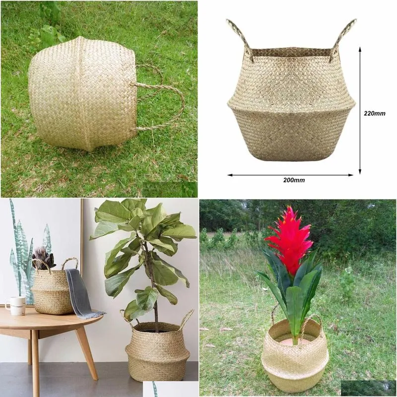 Storage Baskets Household Foldable Natural Seagrass Woven Storage Pot Garden Flower Vase Hanging Handle Bellied Basket Drop 210609 Dro Dho5K