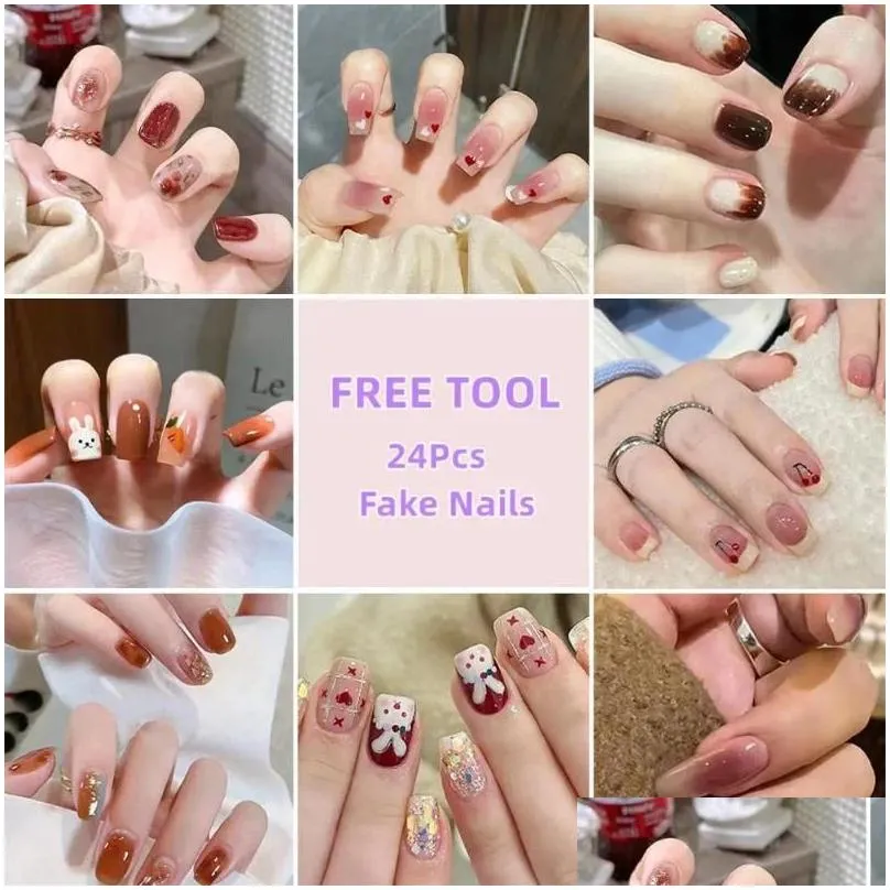 False Nails 24Pcs Diy Semi Cured Gel Nail Stickers Long-Lasting Solid Color Strips Slider Sticker Fl Er Decal Manicure Drop Delivery Dhblj