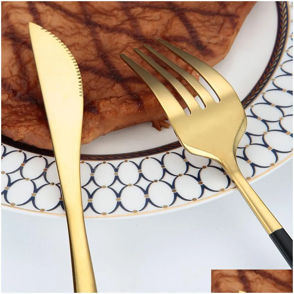 Dinnerware Sets 24Pcs 1810 Stainless Steel Set Black Gold Cutlery Spoon Fork Knife Western Cutleri Sierware Tableware Supplies Drop D Dhdtl
