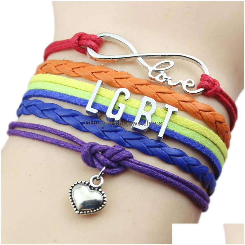 Charm Bracelets Fashion Lgbt Gay Lesbian Leather Wrap Bracelets Braided Rope Infinity Love Heart Charm Bangle For Women Men Friendshi Dh0Ae