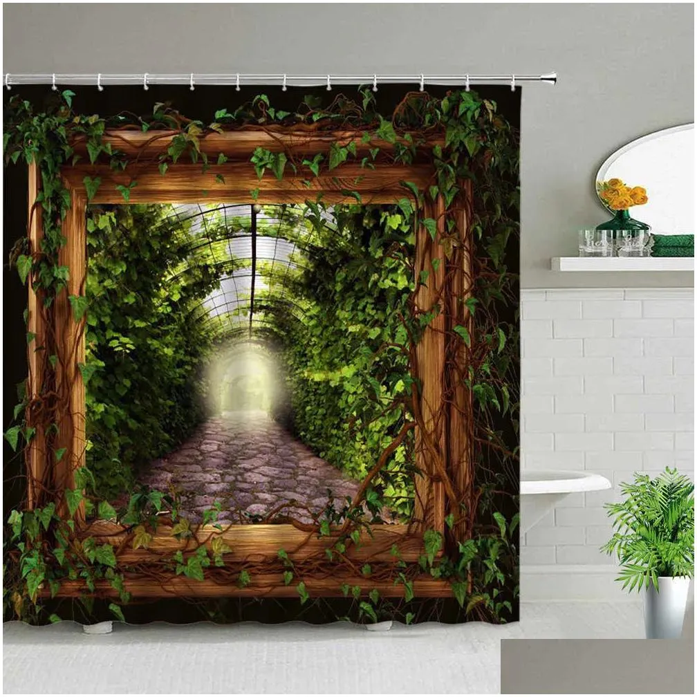 Shower Curtains Window Outside Forest Bridge Spring Landscape Creativity Shower Curtain Zen Stone Tree Building Scenery Cloth Curtains Dhdrg