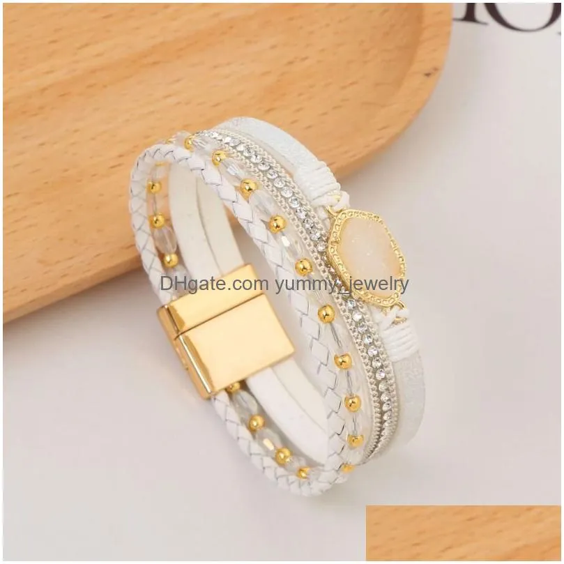 Chain Leather Mti-Layer Wrap Diamond Bracelet Women Stainless Steel Magnetic Buckle Crystal Bracelets Bangle Cuff Jewelry Drop Delive Dhndn