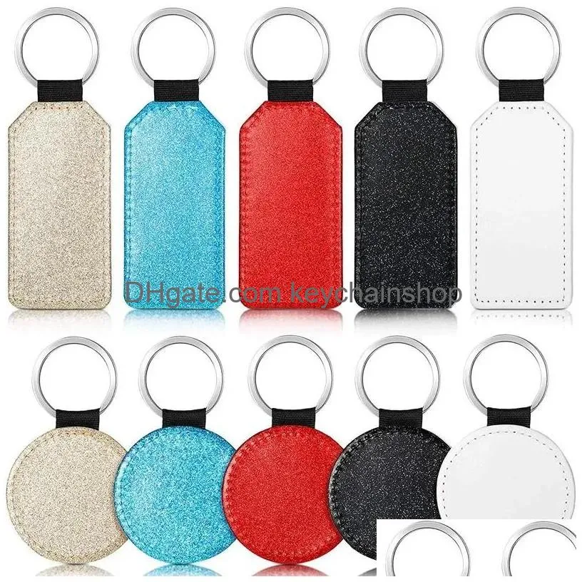Keychains & Lanyards Keychains 10 Pack 5 Colors Sublimation Blanks Keychain Glitter Pu Leather Bottle And Round Diy Heat Transfer Key Dhygu