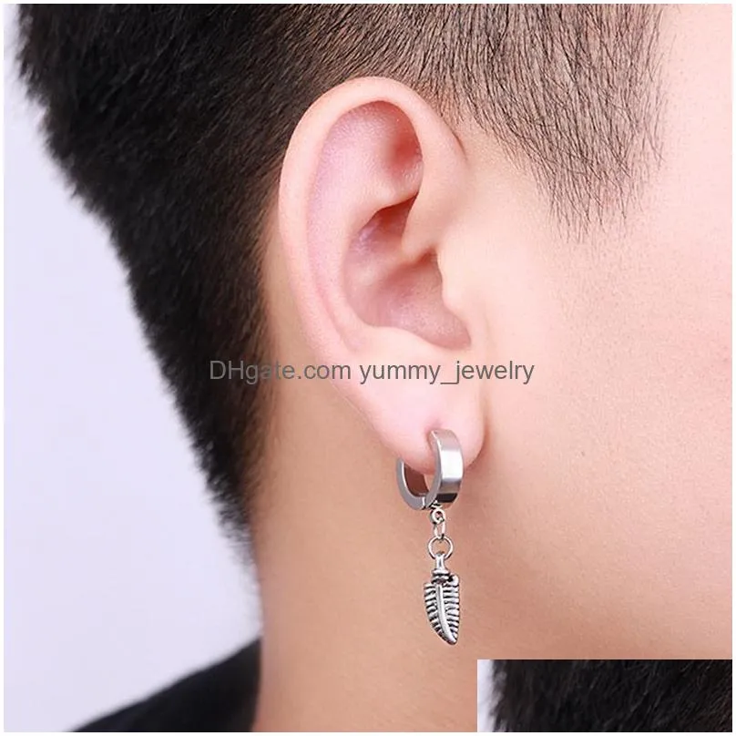 Dangle & Chandelier Punk Leaf Ear Buckle Stainless Steel Earrings Fashion Mens Hoop Hook Earring Hip Hop Jewelry For Men Drop Deliver Dhdw1