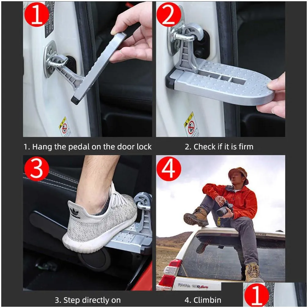 Car Organizer New Foldable Car Roof Rack Step Door Mtifunction Latch Hook Auxiliary Foot Pedal Aluminium Alloy Safety Hammer Drop Deli Dh8S3