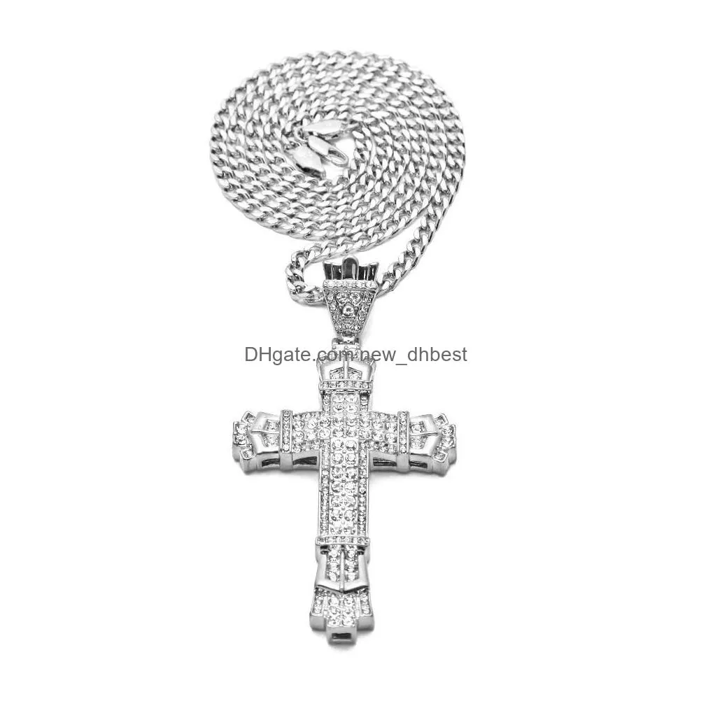 Pendant Necklaces Retro Sier Cross Charm Pendant Fl Ice Out Cz Simated Diamonds Catholic Crucifix Necklace With Long Drop Delivery Jew Dhf3L