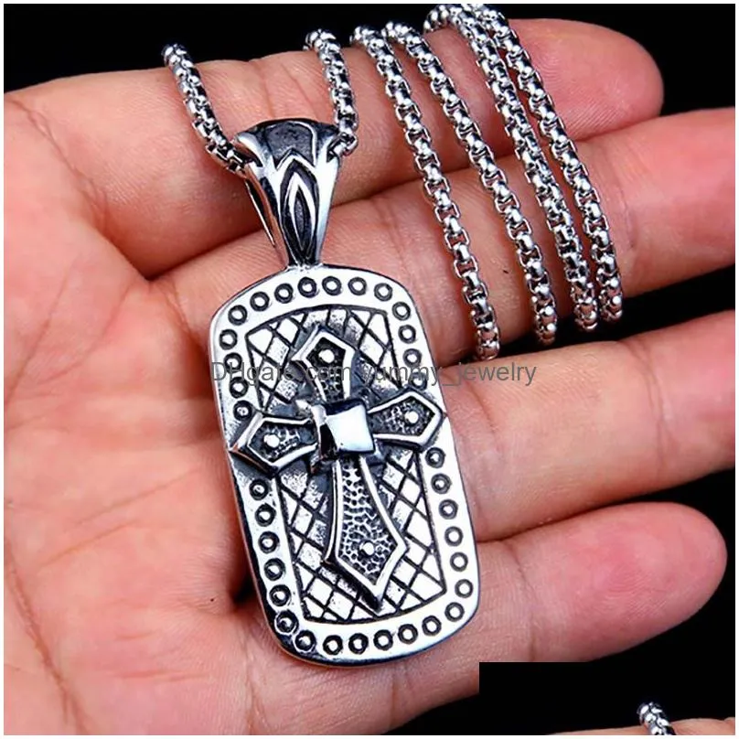 Pendant Necklaces Stainless Steel Cross Id Necklace Pendant Ancient Sier Hip Hop Necklaces For Men Fashion Fine Jewelry Drop Delivery Dhzgd