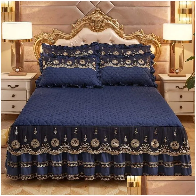 Bedding Sets European Luxury Bedspreads And 2Pcs Pillowcase Thick Cotton Bed Skirt With Lace Edge Twin Queen King Size Bedding Set Non Dhrfo