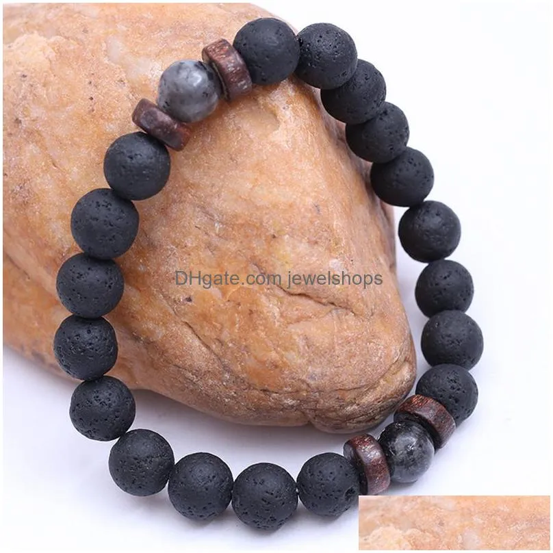 Beaded 8Mm Black Lava Rock Beaded Bracelets Mens Wood Beads Charms Natural Stone Bangle For Women Fashion Craft Jewelry Drop Delivery Dhzqr