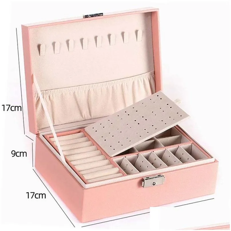 Storage Boxes & Bins New Double-Layer Jewelry Box Leather Ear Stud Earrings Ornament Earring Holder Storage Mti-Function Large 210315 Dhjod