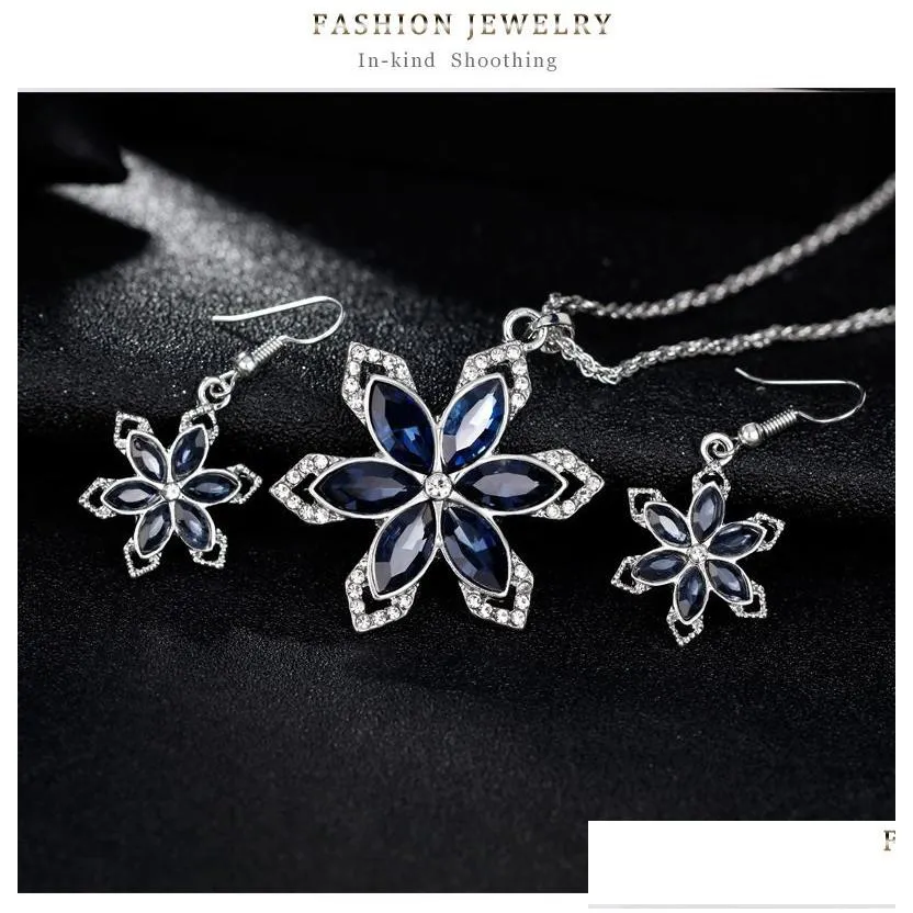 Earrings & Necklace Flower Necklace Earring Set Jewelry For Women Girls Ladies Navy Blue Crystal Rhinestone Diamond Pendant Charm Sie Dhw9V