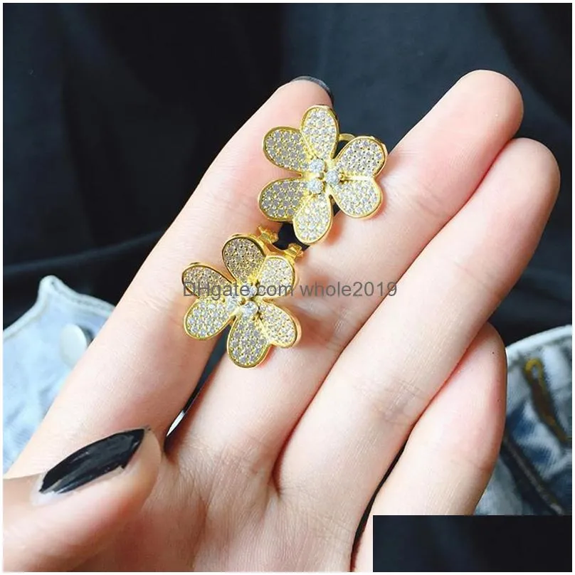 Clip-On & Screw Back Clip-On Screw Back Cute Fashion Pave Top Cz Crystals Clovers Flower Style 3 Gold Color Needle Clip Earring For W Dhea3