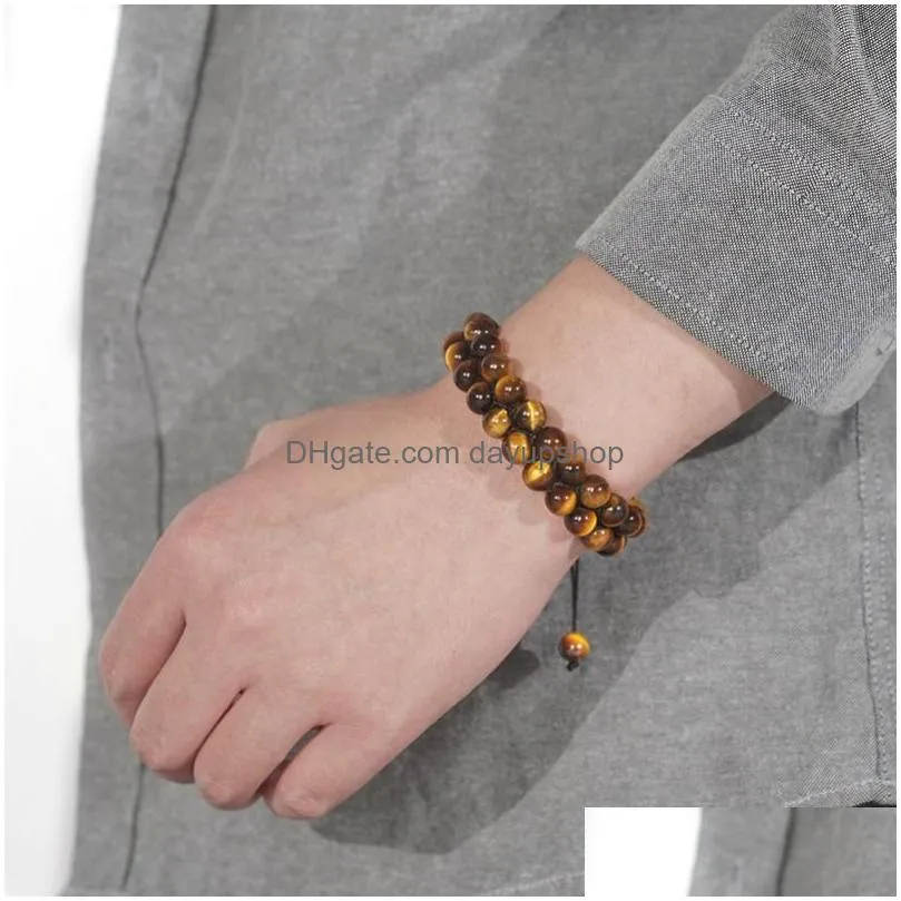 Chain 8Mm Double Layer Tiger Eye Bracelet Natural Stone Row Woven Adjustable Bracelets Wristband Bangle Cuff Women And Men Jewelry Dr Dhjwb