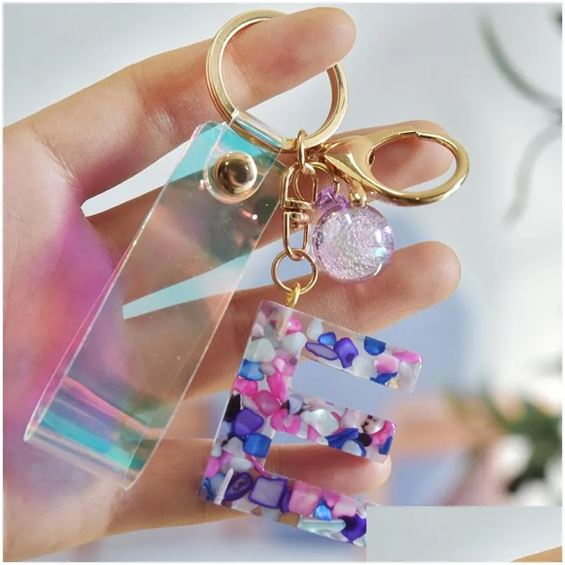 Key Rings Initial Acrylic Key Chains Fashion A-Z Letter Glitter Resin Pendant Car Keychains Strap Beads Keyring Rings Holder Women Ba Dhf15