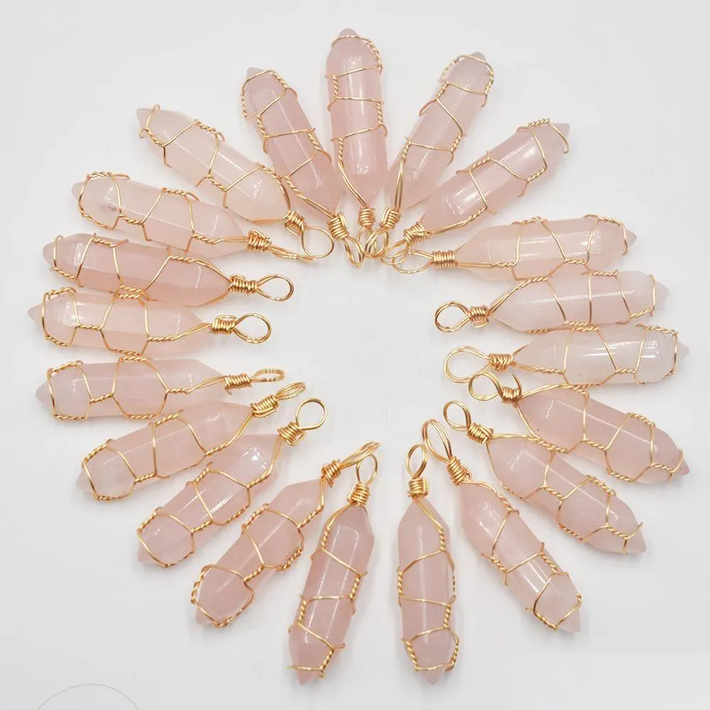 Charms Wire Wrap Natural Stone Rose Quartz Shape Charms Point Chakra Pendants For Jewelry Making Wholesale Handmade Drop Delivery Jewe Dhjpl