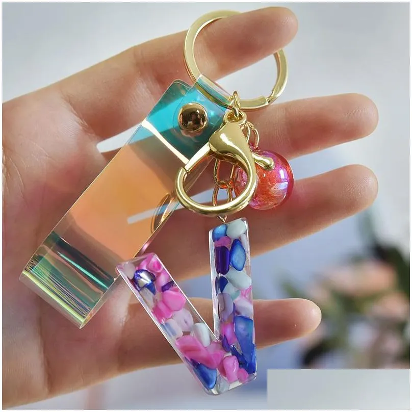 Key Rings Initial Acrylic Key Chains Fashion A-Z Letter Glitter Resin Pendant Car Keychains Strap Beads Keyring Rings Holder Women Ba Dhf15