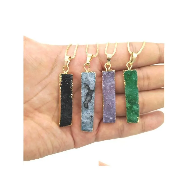 Pendant Necklaces Jln Druzy Agate Long Bar Rec Pendant Geode Quartz Stone Pendants With Brass Chain Jewelry For Men Drop Delivery Jewe Dh8Ng